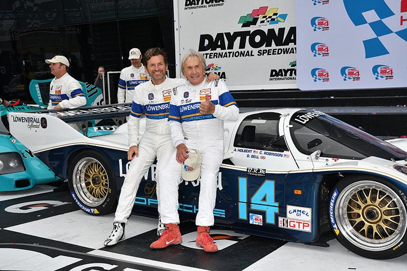 Justin Bell (left) shares victory lane with his father Derek Bell Sunday at Daytona Int'l Speedway.