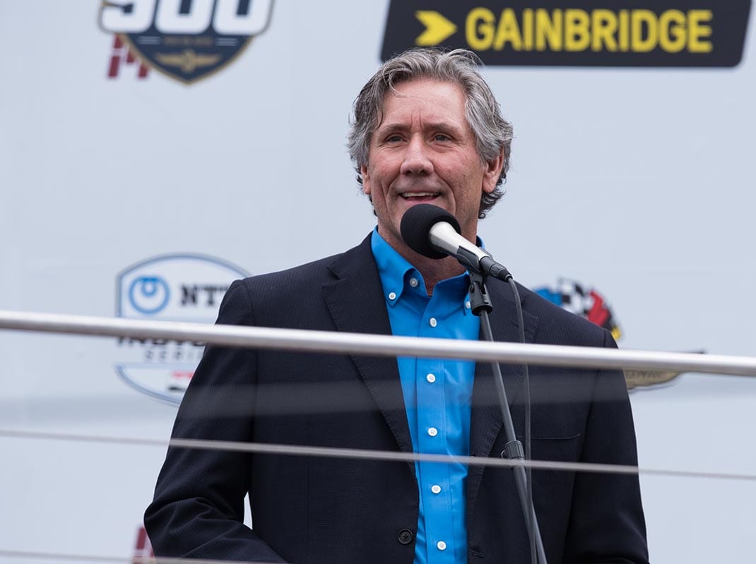 Tony George was fill with emotion on Monday during the announcement that Indianapolis Motor Speedway and the NTT IndyCar Series had been sold to Roger Penske. (IndyCar Photo)