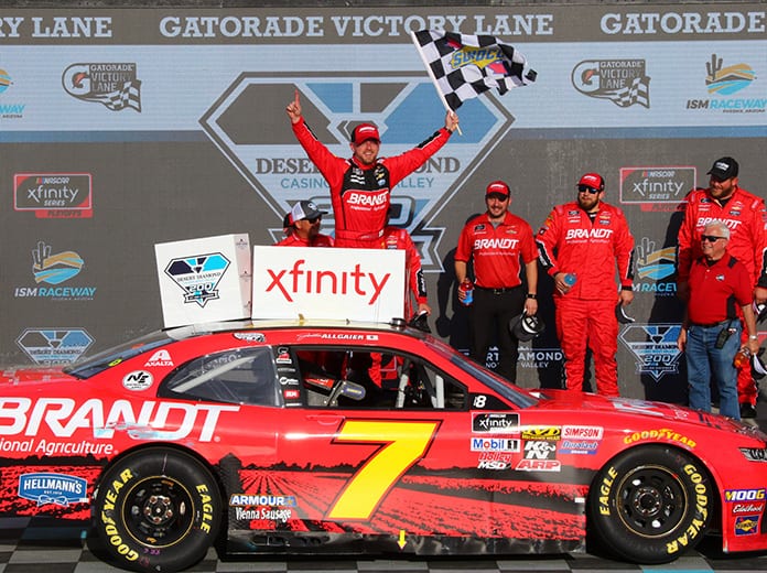 Justin Allgaier celebrates his first NASCAR Xfinity Series victory of the season Saturday at ISM Raceway. (Ivan Veldhuizen Photo)