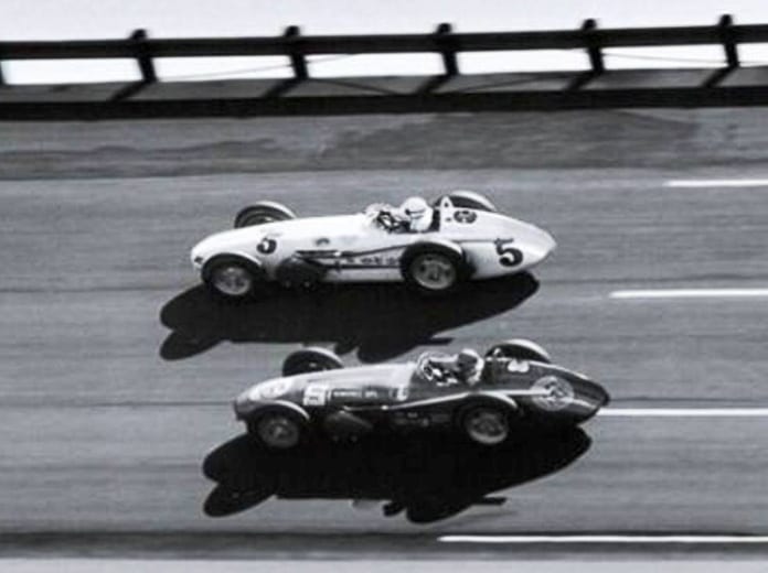 Roger Ward and Dick Rathman in their Indy cars at Daytona Int'l Speedway.