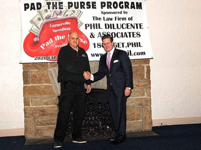 Lernerville Speedway's track owner John Tomson (left) shakes hand with Pad The Purse sponsor Phil DiLucente of Phillip P. DiLucente, Esq. Attorney at Law of Pittsburgh, Pa. (Hein Brothers Photo)