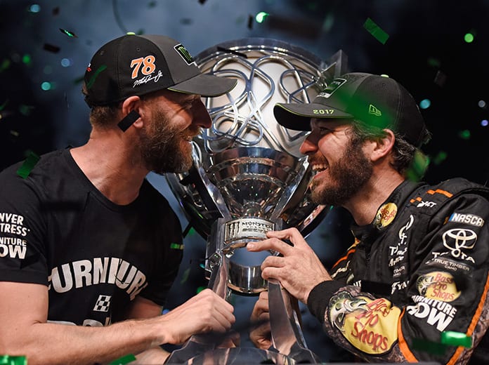 Cole Pearn (left) and Martin Truex Jr. after winning the 2017 NASCAR Cup Series championship. Pearn has announced he is leaving NASCAR to pursue opportunities outside of the sport. (NASCAR Photo)