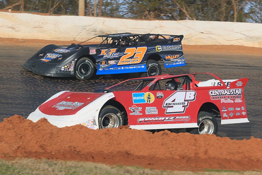 Jackie Boggs (4B) battles Cory Hedgecock during the Hangover super late model feature on Saturday at 411 Motor Speedway. (Chad Wells Photo)