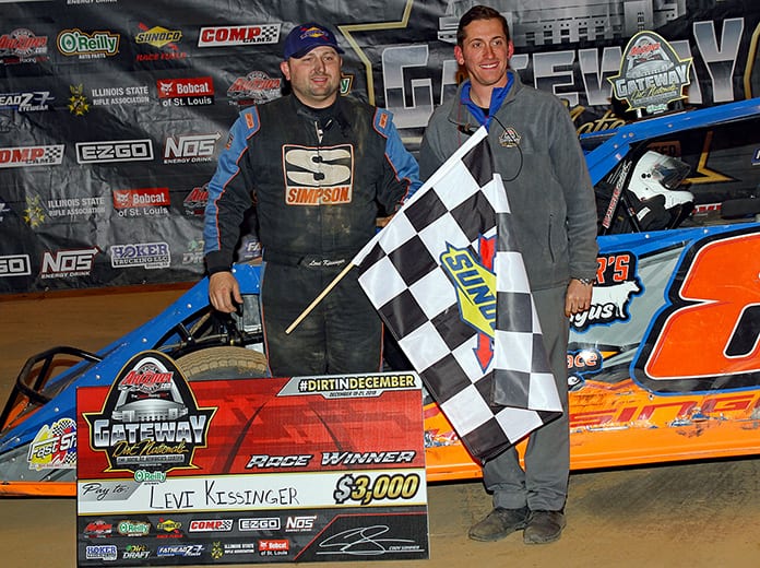 Levi Kissinger (left) poses with Gateway Dirt Nationals promoter Cody Sommers after winning Thursday's dirt modified feature. (Jim Denhamer Photo)