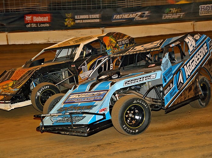 Mike Harrison (24) races to the inside of Kyle Bronson early in Friday's Gateway Dirt Nationals modified preliminary feature inside The Dome at America's Center. (Jim Denhamer Photo)