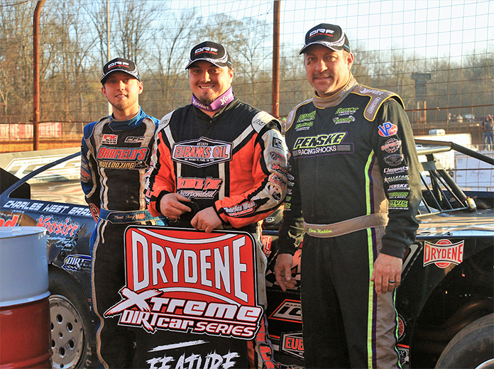 Zack Mitchell (center) bested Trent Ivey (left) and Chris Madden (right) to win Sunday's Drydene Xtreme DIRTcar Series feature at Lavonia Speedway. (Richard Barnes Photo)