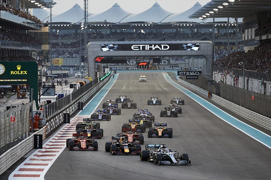Lewis Hamilton (44) leads the Formula One field into first corner at the start of Sunday's Abu Dhabi Grand Prix. (Steve Etherington Photo)