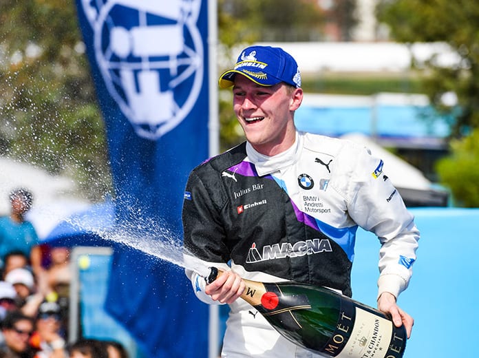 Max Günther celebrates after earning his first Formula E triumph Saturday in Santiago, Chile. (Formula E Photo)