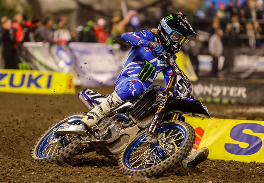 Justin Barcia on his way to victory in the 450 class main event during Saturday's Monster Energy AMA Supercross opener in Anaheim, Calif. (Mark Munoz Photo)