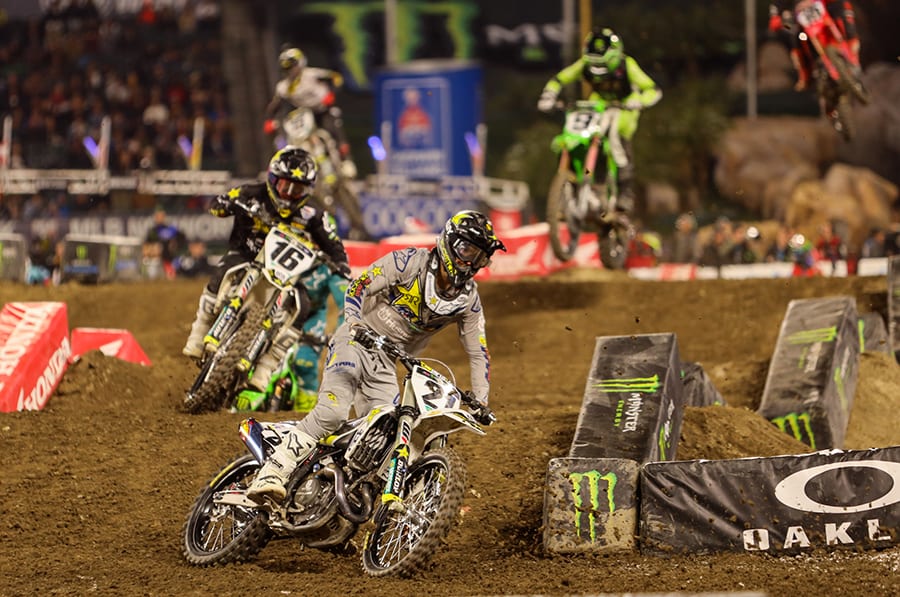 Jason Anderson (21) leads a group of riders during Saturday's Monster Energy AMA Supercross event in Anaheim, Calif. (Mark Munoz Photo)
