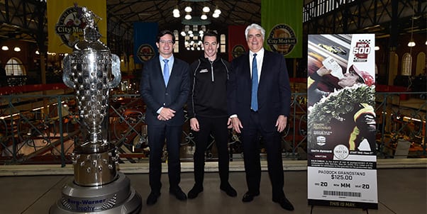 (From left) Indianapolis Motor Speedway President J. Douglas Boles, reigning Indianapolis 500 champion Simon Pagenaud and Penske Entertainment Corp. President & CEO Mark Miles. (IMS Photo)