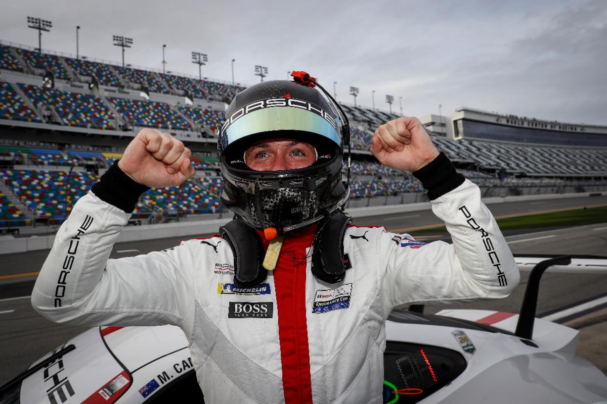 Nick Tandy celebrates after claiming the GT Le Mans class pole for the Rolex 24 (IMSA Photo)