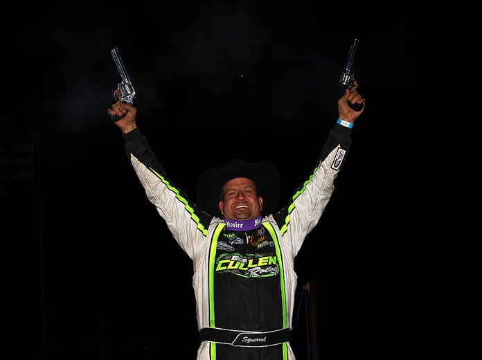 Brian Shirley celebrates after winning Friday's Wild West Shootout feature at Arizona Speedway. (Mike Ruefer Photo)