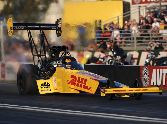 Shawn Langdon raced to the No. 1 spot in Top Fuel qualifying Friday at Auto Club Raceway at Pomona. (NHRA Photo)