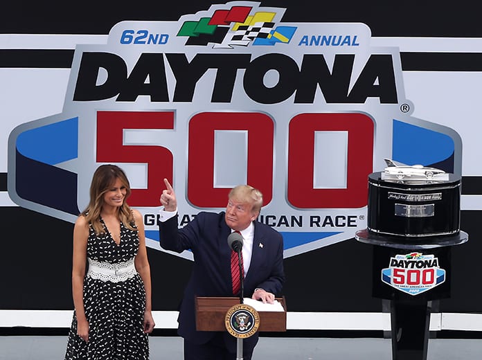 President Donald Trump points to the sky prior to the Daytona 500 at the Daytona Int'l Speedway. (HHP/Tom Copeland Photo)