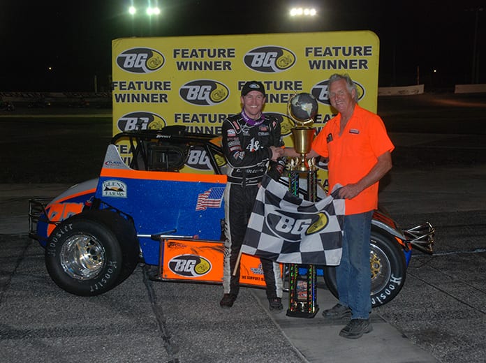 Kody Swanson in victory lane Thursday at Showtime Speedway. (David Sink Photo)
