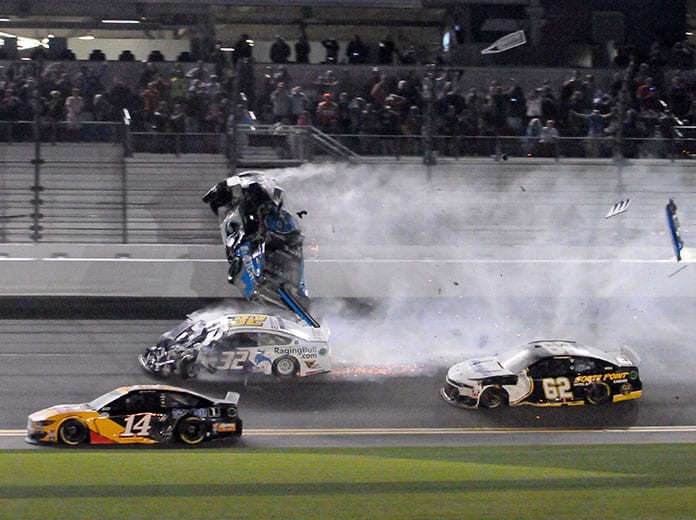 Ryan Newman's No. 6 Ford flies through the air after being hit by the No. 32 Ford driven by Corey LaJoie on the final lap of Monday's Daytona 500. (Dave Moulthrop Photo)