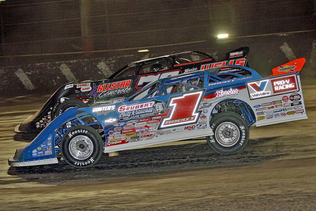 Brandon Sheppard (1) won Wednesday's World of Outlaws Morton Buildings Late Model Series victory at Volusia Speedway Park. (Jim DenHamer photo)
