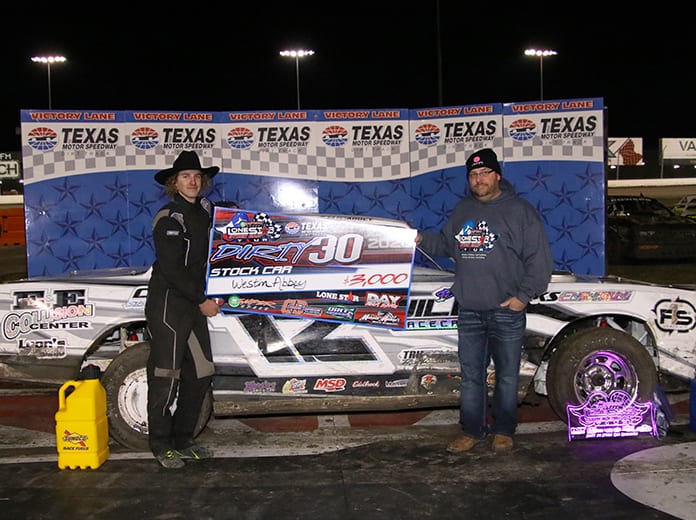 Faster by a fraction of a second, Westin Abbey edged Ryan Powers to the rich IMCA Sunoco Stock Car Dirty 30 checkers Thursday night at Texas Motor Speedway. (Stacy Kolar Photo)