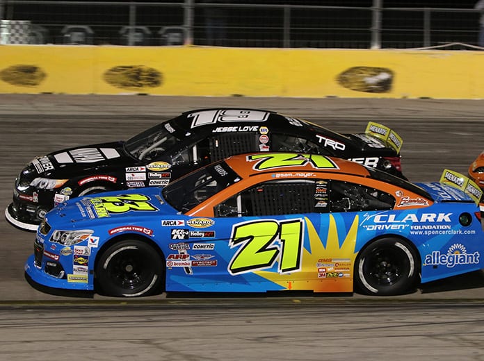 Sam Mayer (21) bested Jesse Love to win Thursday's ARCA Menards Series West opener at The Bullring at Las Vegas Motor Speedway. (Barry Ambrose Photo)