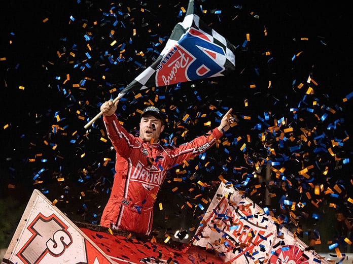 Logan Schuchart celebrates his victory on Sunday evening at Volusia Speedway Park. (Shawn Cooper Photo)