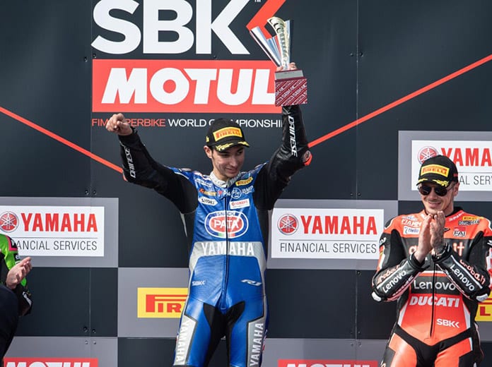 Toprak Razgatlioglu celebrates after winning Saturday's World Superbike opener in Australia. (Yamaha Photo)