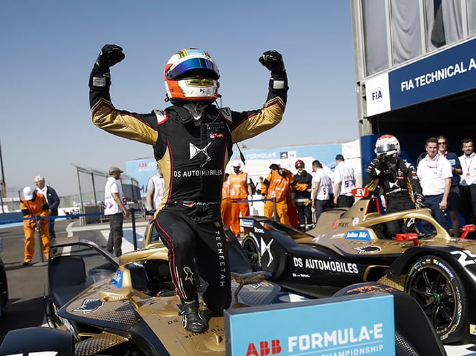 Antonio Felix da Costa celebrates his victory in the Marrakesh E-Prix. (Formula E Photo)