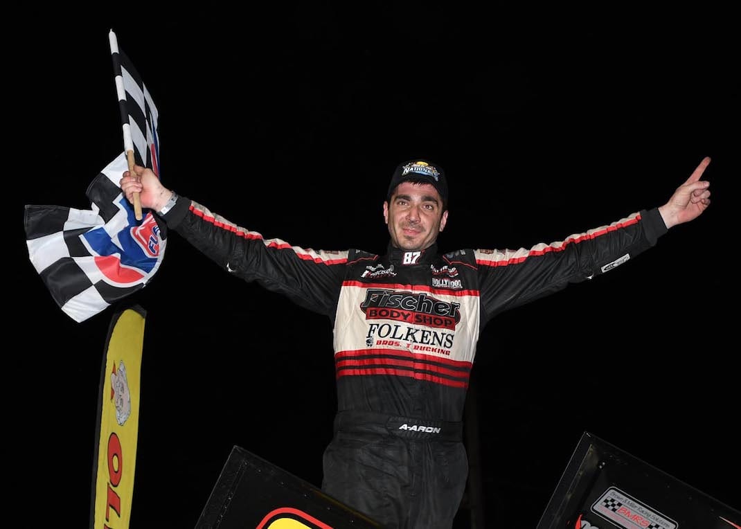Aaron Reutzel in victory lane Thursday night at Volusia Speedway Park. (Frank Smith photo)