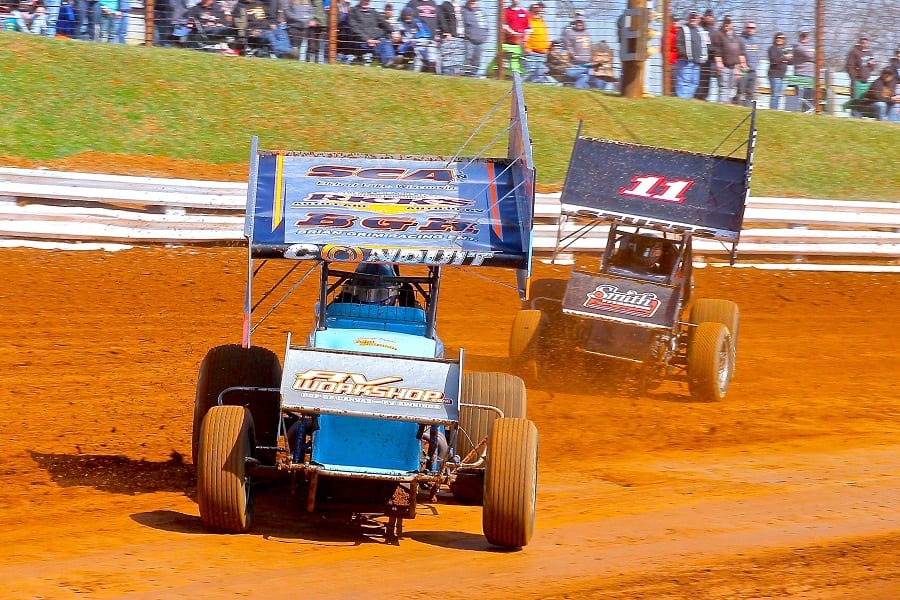 Lance Dewease fends off TJ Stutts (11) during an event at Williams Grove Speedway. (Dan Demarco photo)