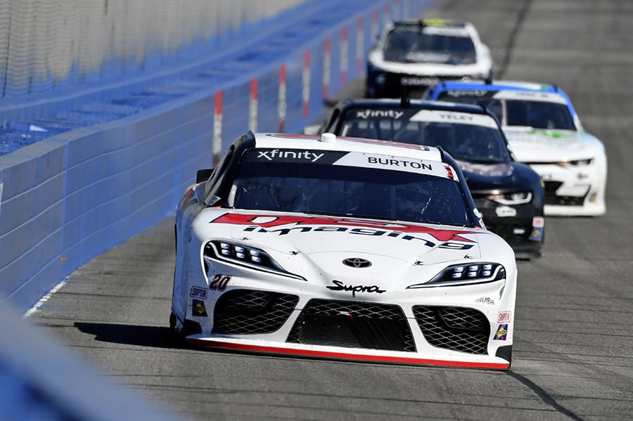 Harrison Burton (20) leads the pack during Saturday's NASCAR Xfinity Series event at Auto Club Speedway. (Toyota Photo)