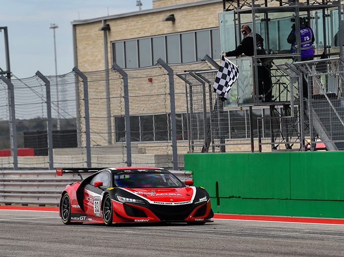 Shelby Blackstock and Trent Hindman took top honors in Saturday's GT World Challenge America event at Circuit of the Americas.