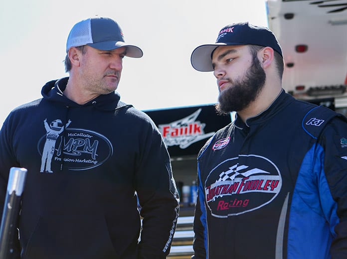 Michael Faulk (left) chats with Lee Faulk Racing and Development driver Jonathan Findley. (Adam Fenwick Photo)