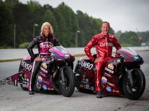 DENSO has renewed its sponsorship of NHRA Pro Stock Motorcycle racers Angie and Matt Smith.