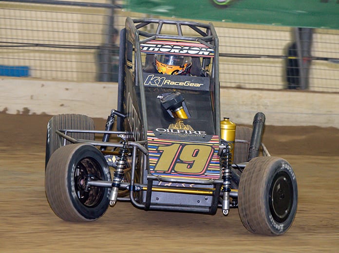 Tanner Thorson on his way to victory Saturday night during the Shamrock Classic. (Mark Coffman Photo)