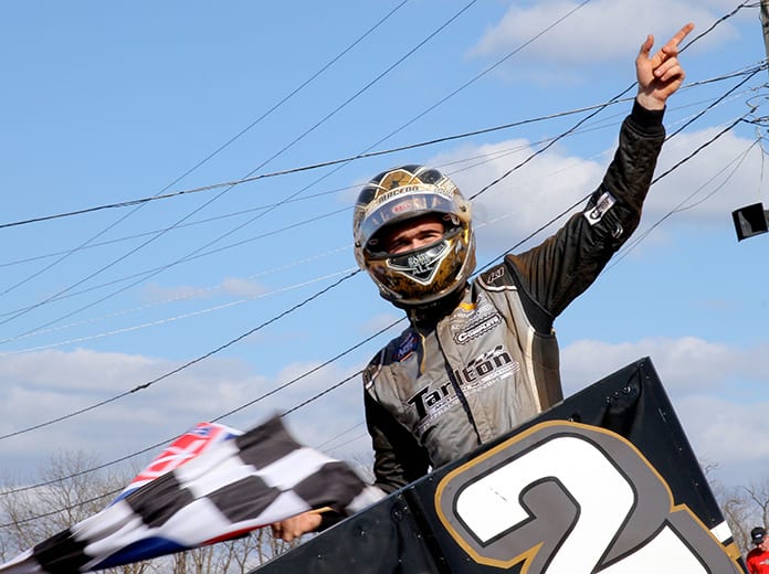 Carson Macedo celebrates in victory lane after winning Sunday's feature at Williams Grove Speedway. (Dan Demarco Photo)