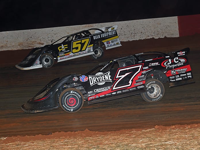 Mike Marlar (57) battles around the outside of Ricky Weiss during Saturday's World of Outlaws Morton Buildings Late Model Series feature at Smoky Mountain Speedway. (Chad Wells Photo)