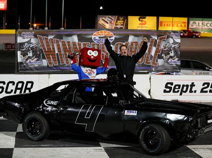 Kyle Jacks celebrates one of his two victories at The Bullring at Las Vegas Motor Speedway Saturday night (Jeff Speer/LVMS Photo)