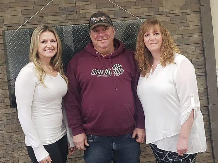 Melissa Stevens (left) joined by Merrittville Speedway owners Don and Lorraine Speice (center and right) as Stevens was named Race Director of Merrittville Speedway