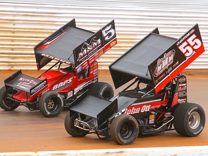 Brent Marks (5) battles Mike Wagner on Saturday at Port Royal Speedway. (Dan Demarco Photo)
