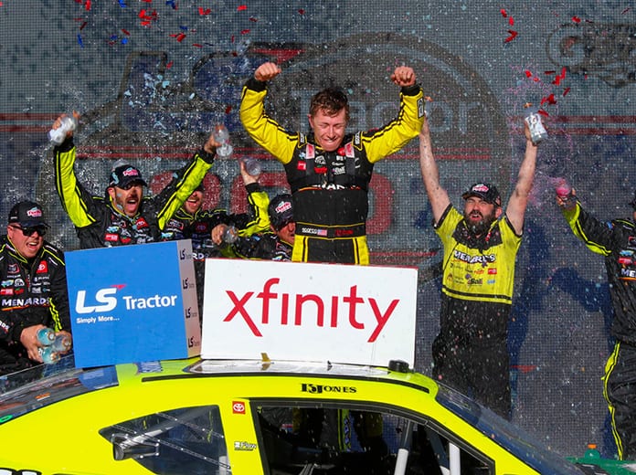 Brandon Jones celebrates in victory lane after winning Saturday's NASCAR Xfinity Series race at Phoenix Raceway. (Ivan Veldhuizen Photo)