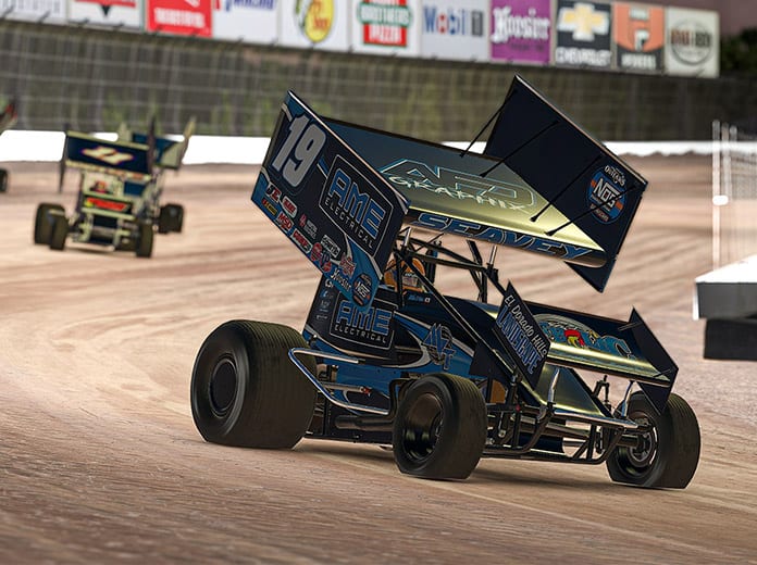 Logan Seavey lead every lap to win Sunday's World of Outlaws NOS Energy Drink Sprint Car iRacing Invitational event at virtual Eldora Speedway. (JZi Racing Photography)