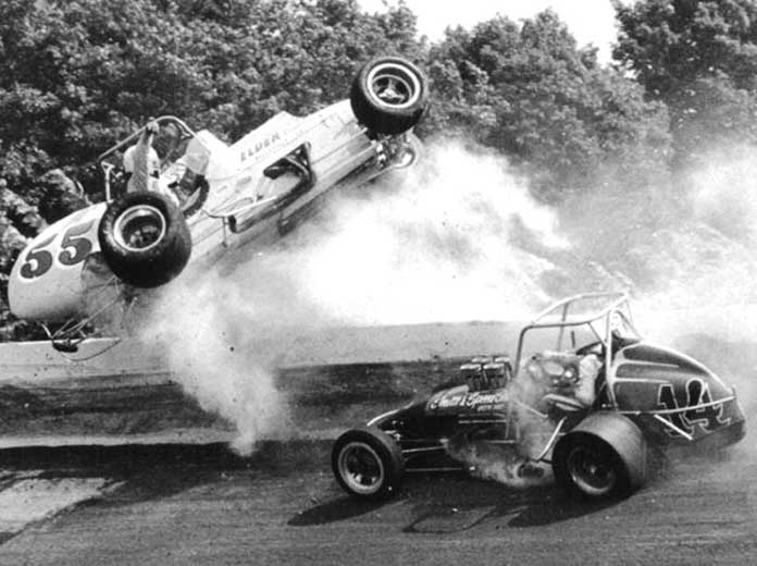 George Snider (55) sails through the air during a violent crash at Winchester Speedway in 1975.