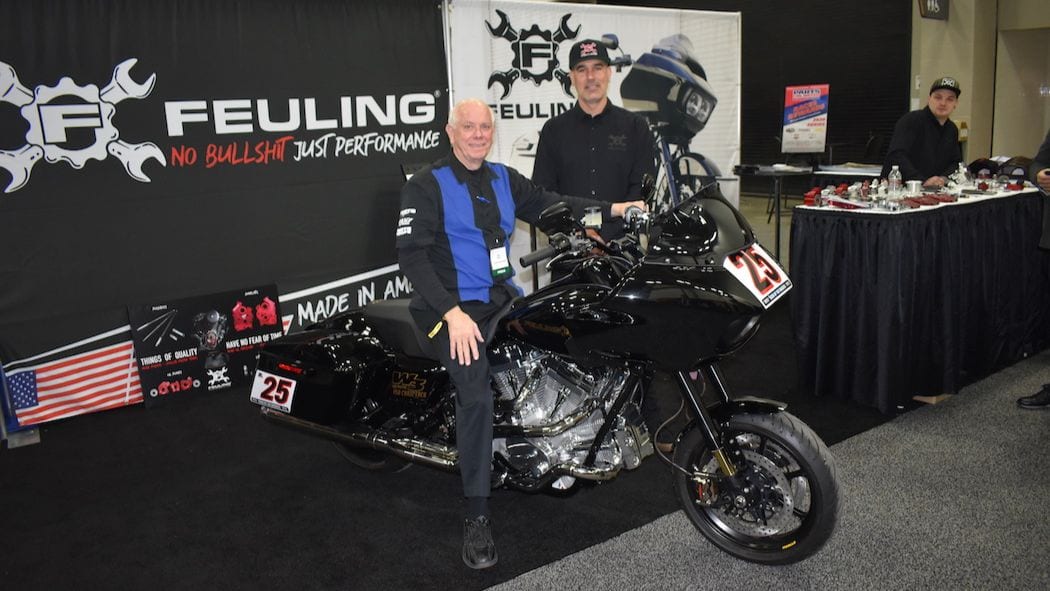 Don Emde (left) has been named as the Grand Marshal for the Drag Specialties King of the Baggers that will run in conjunction with the MotoAmerica round scheduled for WeatherTech Raceway Laguna Seca, July 10-12. Emde will pace the field on this three-cylinder Feuling W3.