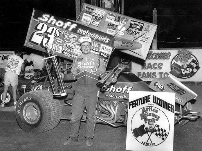 Frankie Kerr in victory lane at Attica Raceway Park in 1994. (NSSN Archives Photo)