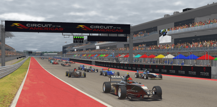 Philippe Denes leads the field during Saturday's Ricmotech Road to Indy Presented by Cooper Tires iRacing eSeries event at Circuit of the Americas.