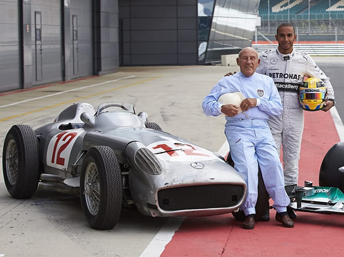 Sir Stirling Moss (left) and Lewis Hamilton at the Silverstone Circuit in 2013. (Mercedes Photo)