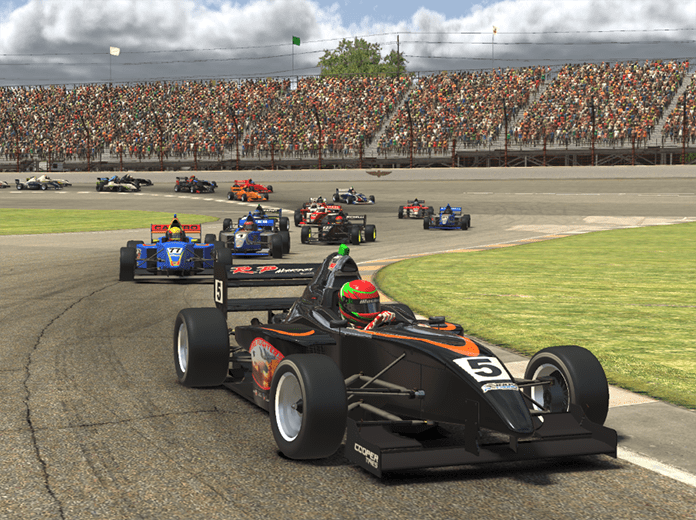 Phillippe Denes leads the Ricmotech Road to Indy Presented by Cooper Tires iRacing eSeries field on Saturday at virtual Indianapolis Motor Speedway.