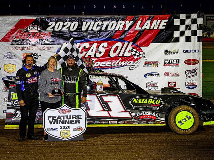 Derek Brown of Stoutland was a flag-to-flag winner in the featured Street Stock division Sunday night as Lucas Oil Speedway opened its Weekly Racing Series season. (GS Stanek Racing Photography)