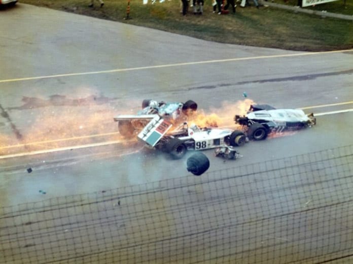 Salt Walther's car is struck by Mike Mosley's car during the early laps of the 1973 Indianapolis 500.