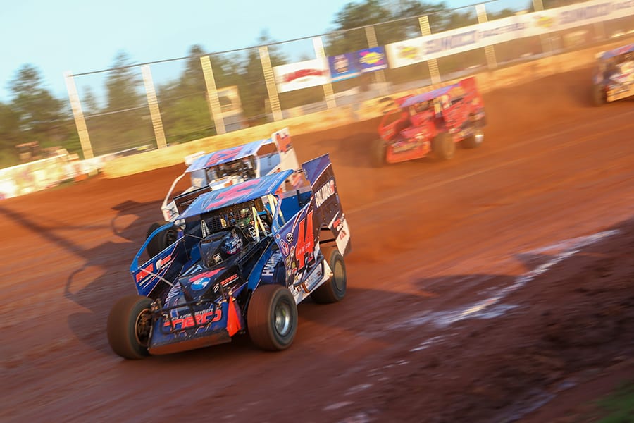 Stewart Friesen (44) leads a group of cars during preliminary action as part of Saturday's Short Track Super Series event at Cherokee Speedway. (Adam Fenwick Photo)